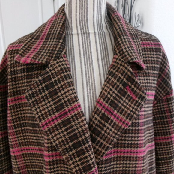 New Wild Fable Wool Blend Plaid Oversize Midi Coat Brown Tan Fuchsia Pink S / M - Picture 2 of 14